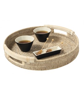 Tray with round handles wood Fiji - rattan white brushed