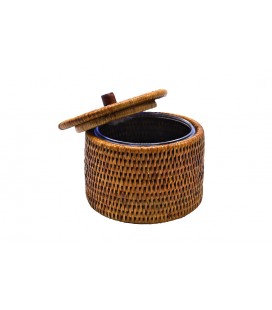 Box round rattan with lid Blue - colour white brushed