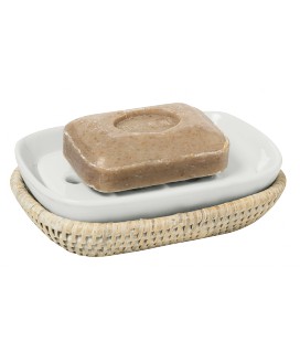 Soap holders rattan white brushed and white porcelain Alizée