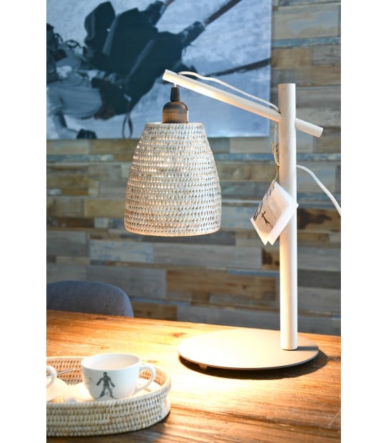 Lampe baladeuse en céramique blanche avec petits trous, suspension, cordon  jute, culot en bois, 14,5cm
