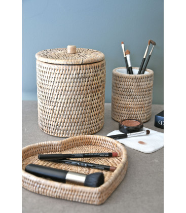 Box round rattan with lid Blue - colour white brushed