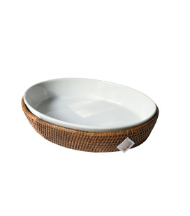 Plat carré porcelaine et rotin naturel miel Dhala