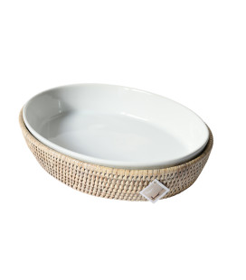 Plat carré porcelaine et rotin naturel miel Dhala