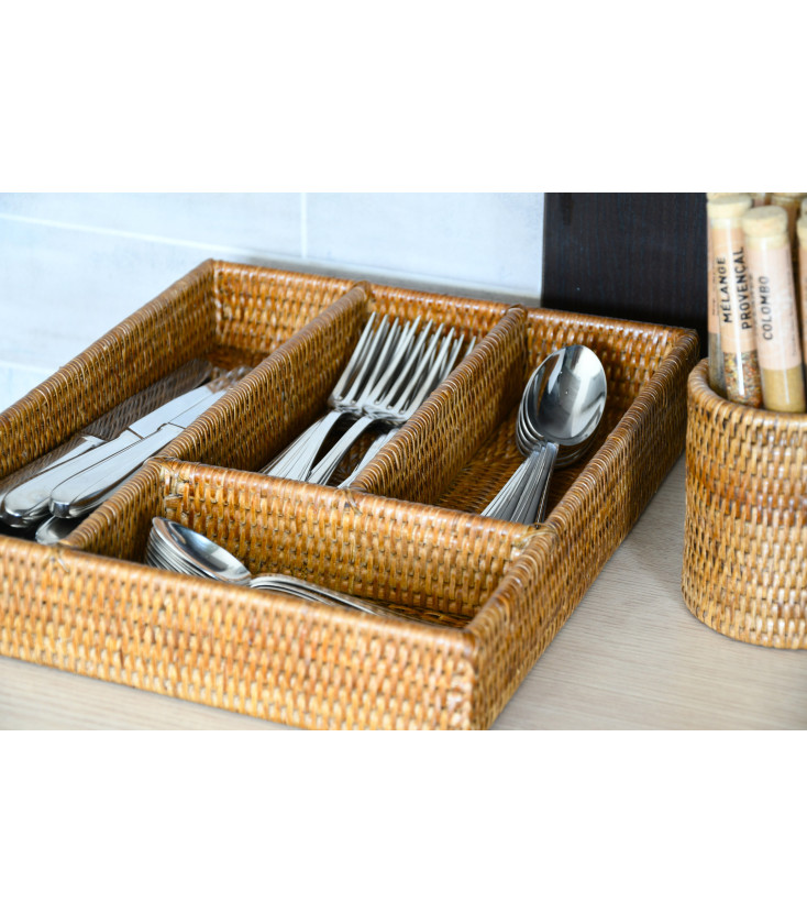 Ancien range couverts en rotin osier vintage 4 compartiment pour tiroir ou autre