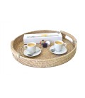 Tray round Sabrina rattan white brushed with handles wood