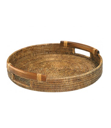 Tray round Samoa rattan honey with handles wood
